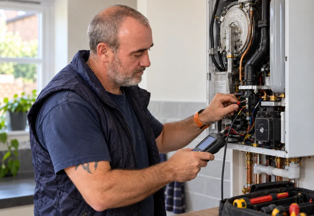 John testing the controls inside a wall-mounted boiler with a meter